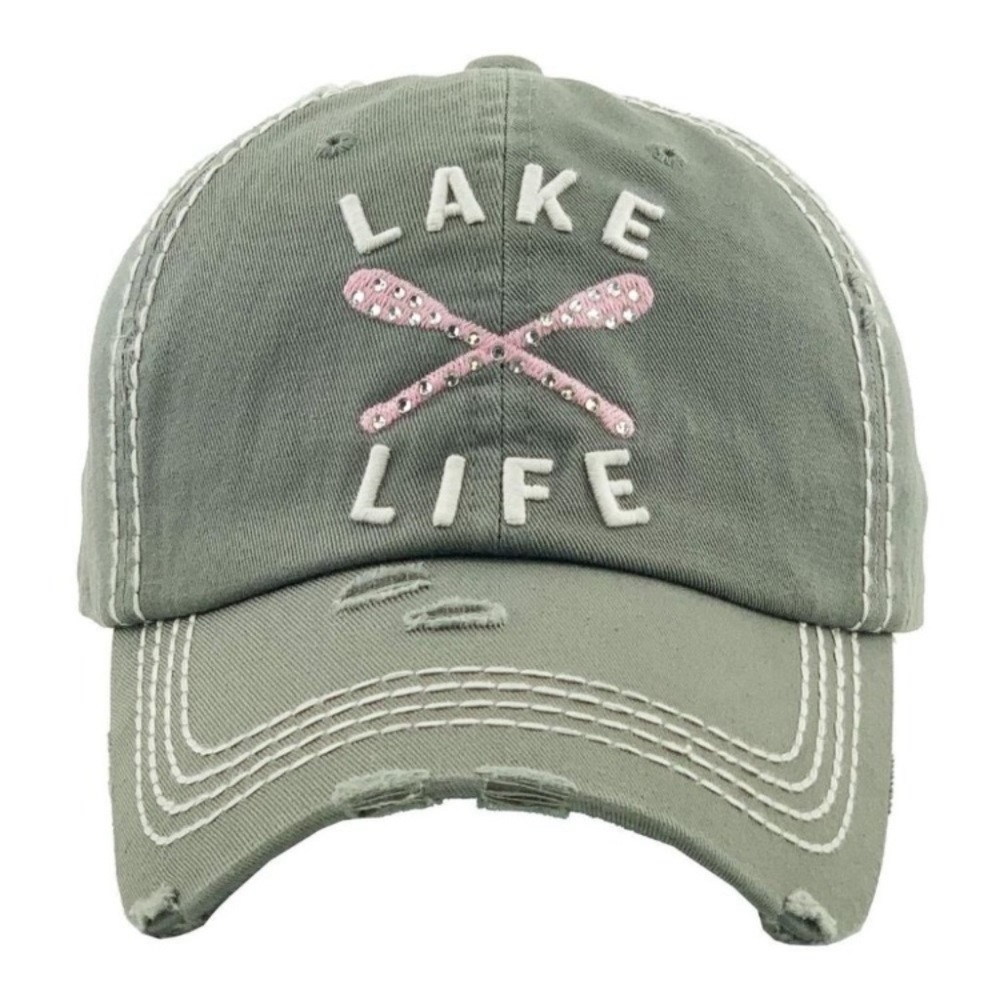 Grey Lake Life Rhinestone Distressed Cap